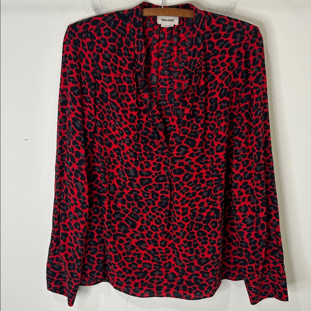 Zadig & Voltaire Red and Black Leopard Print V-Neck Blouse - Picture 15 of 15
